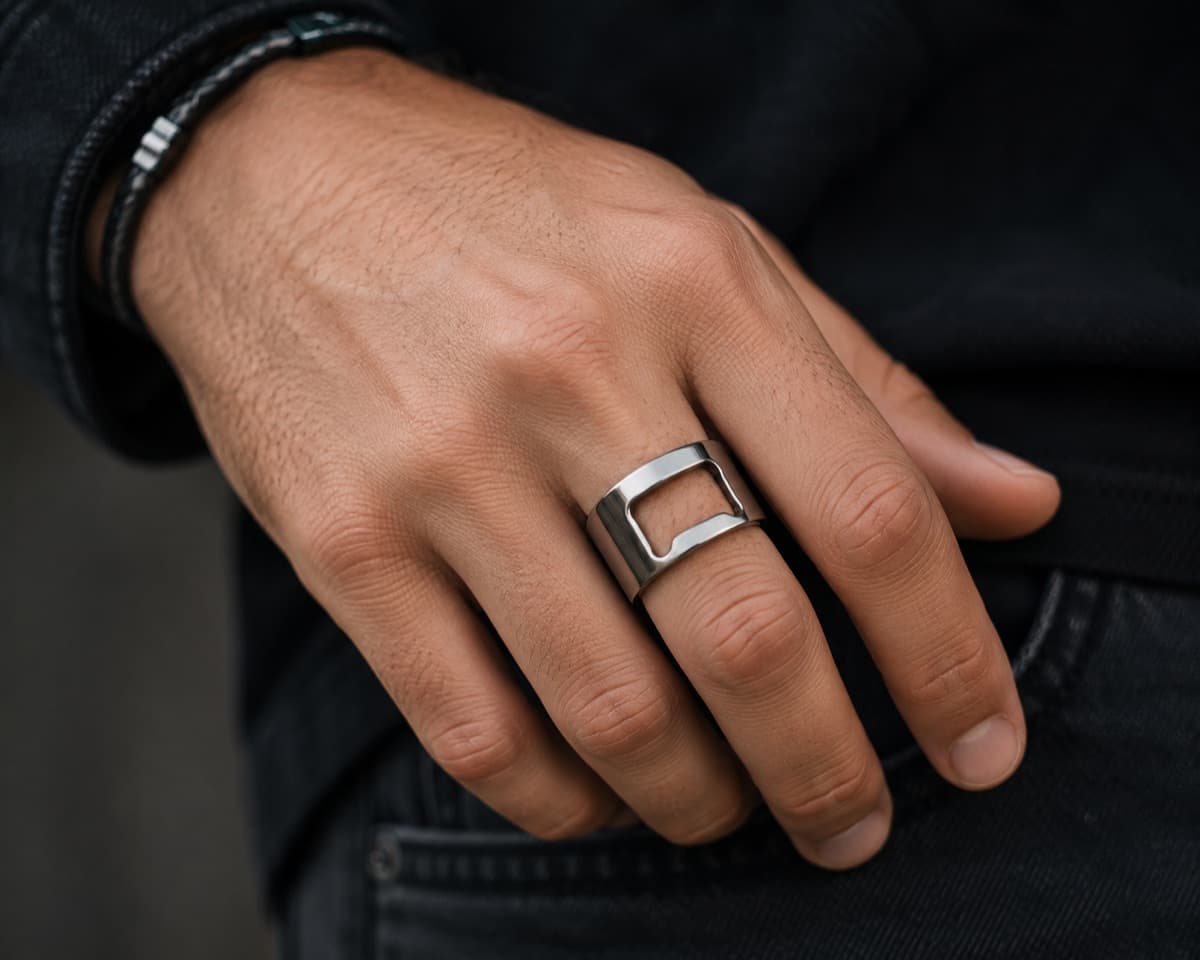 The Bottle Opener Ring on a finger with the bottle opener notch visible