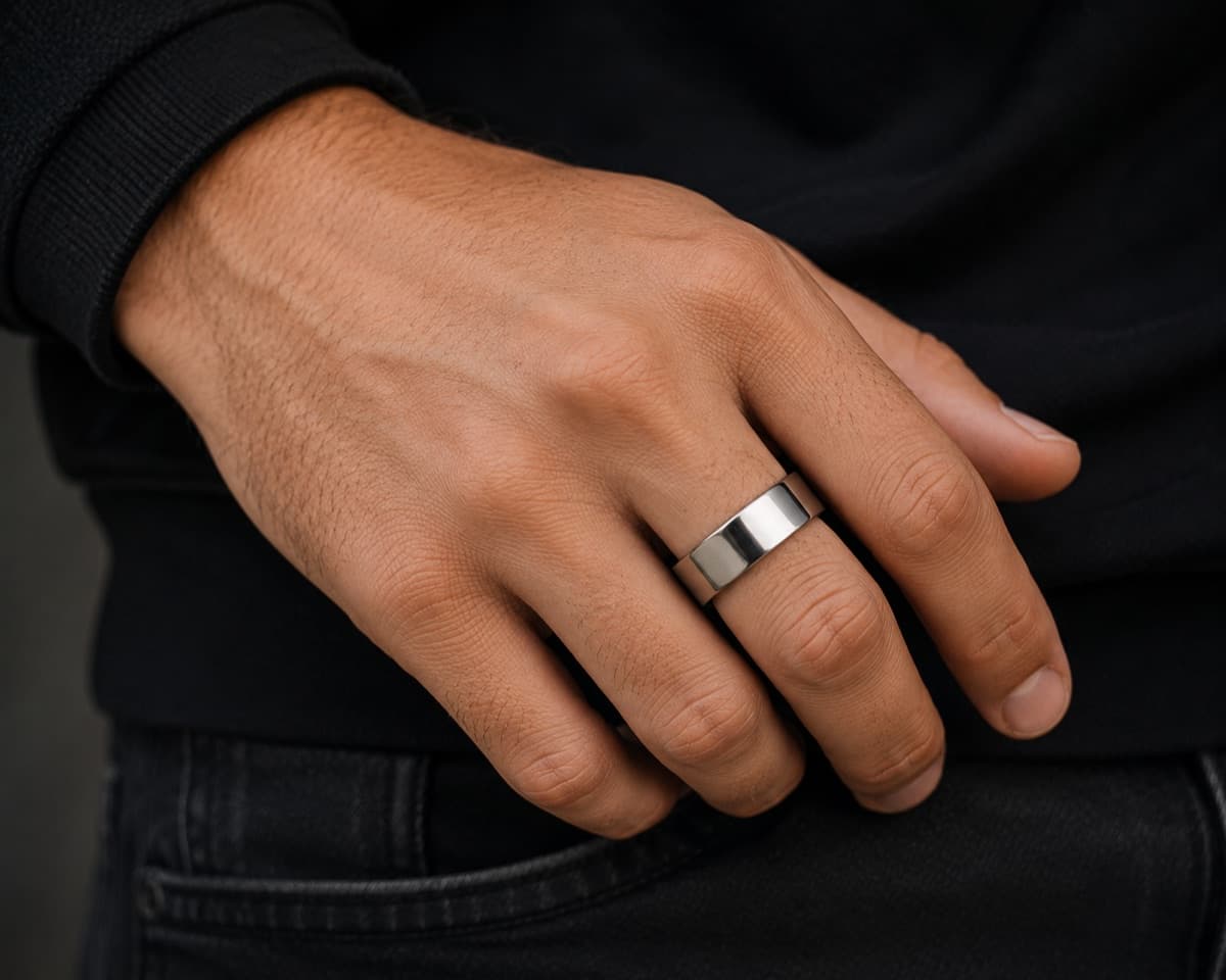 The Bottle Opener Ring worn on a hand, looking like an ordinary minimalist band
